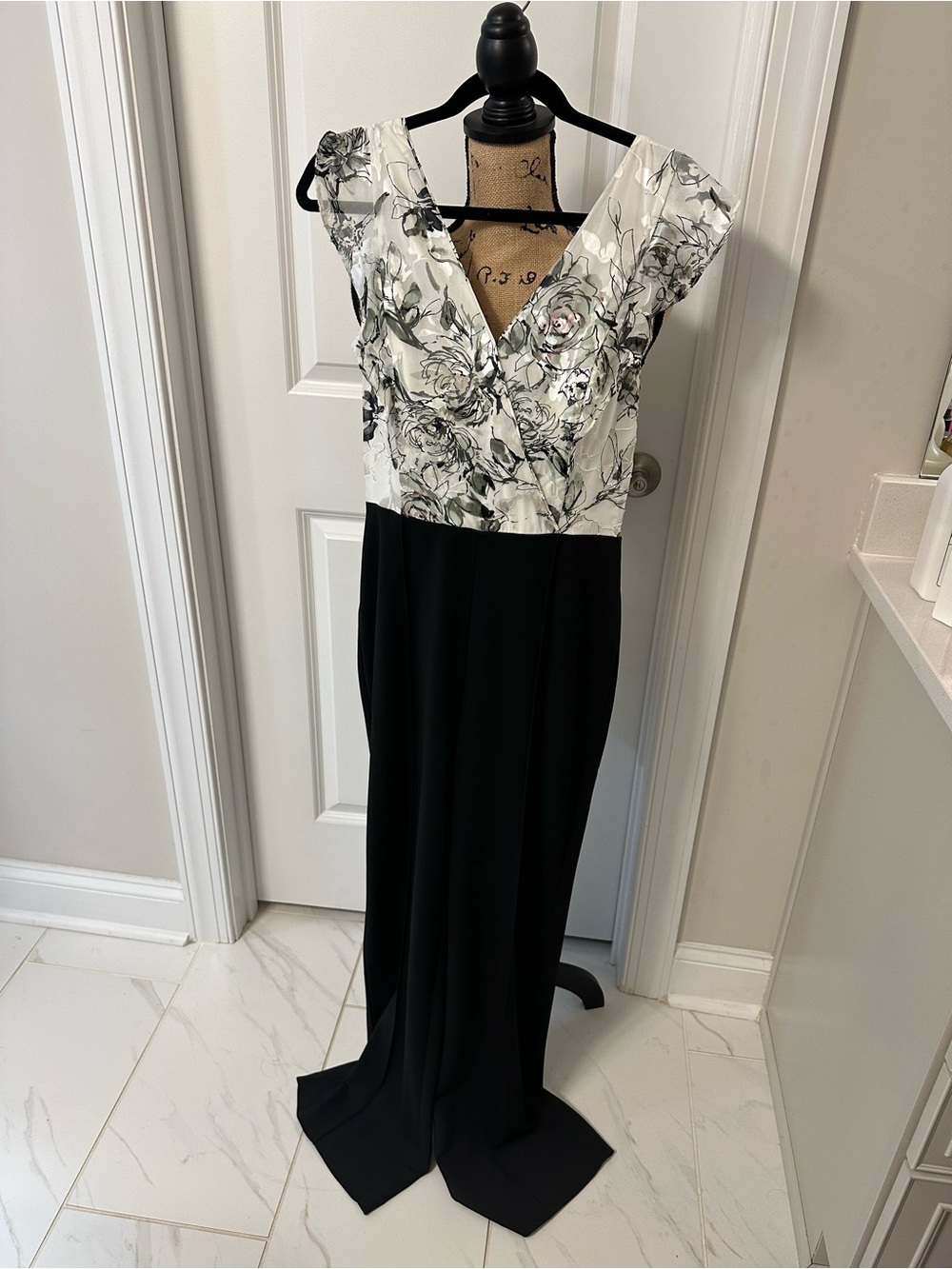 White House Black Market Black and White Floral Faux-Wrap Jumpsuit 6